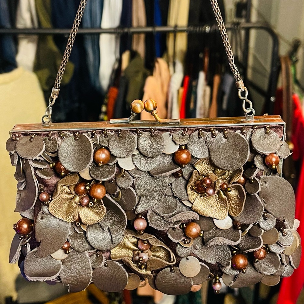 Vintage Y2K Leather and Faux Pearl Beaded Clutch